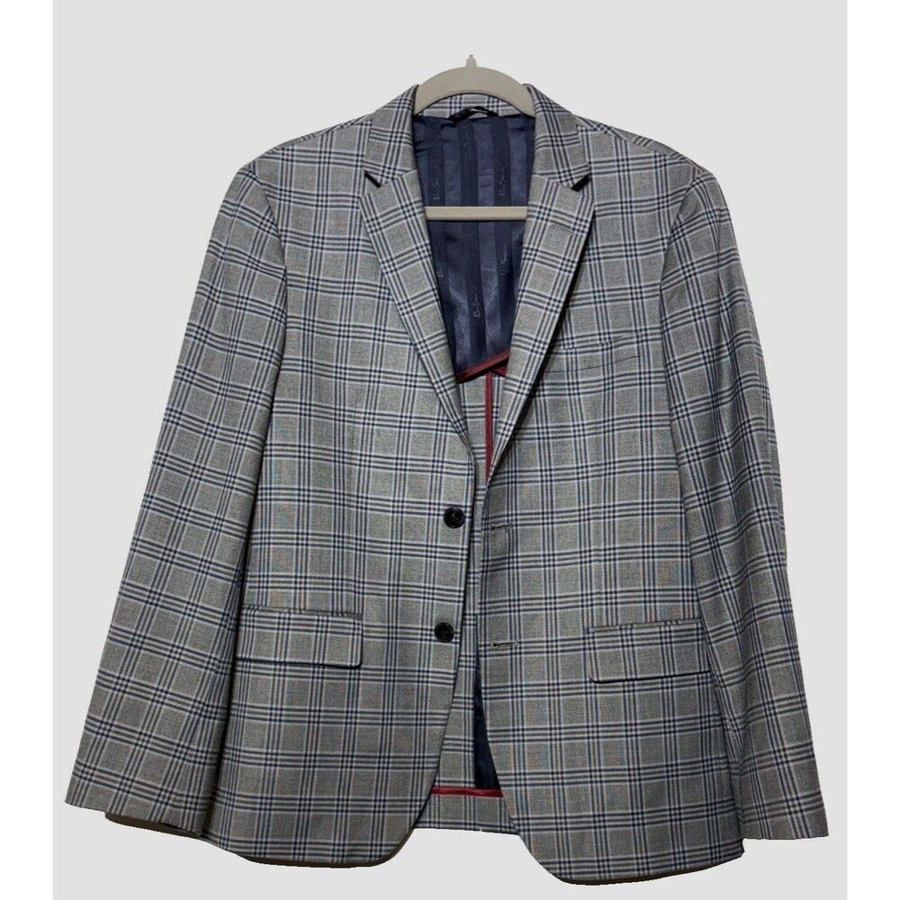 Ben Sherman Mens 38S Slim Fit Glen Plaid Sport Coat Gray Blue Mod Blazer